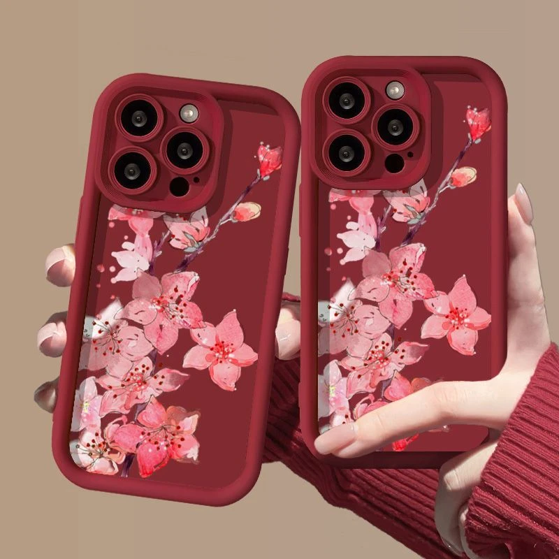 粉桃花iphone15苹果手机壳14promax硅胶13pro国风12高级11/8全包X