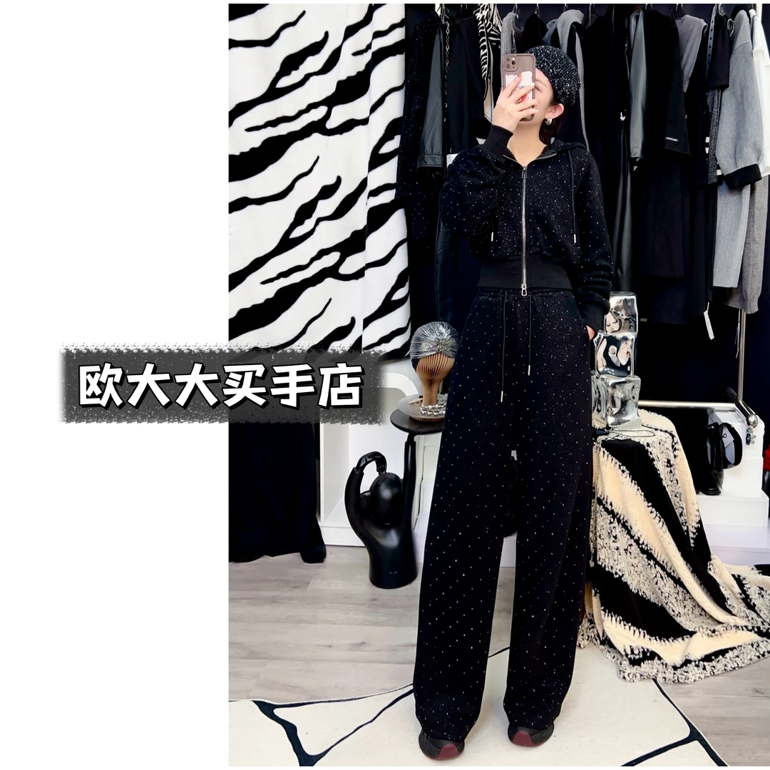 加绒加厚烫钻闪闪宽松连帽卫衣外套冬抽绳时尚高腰裤显瘦套装123