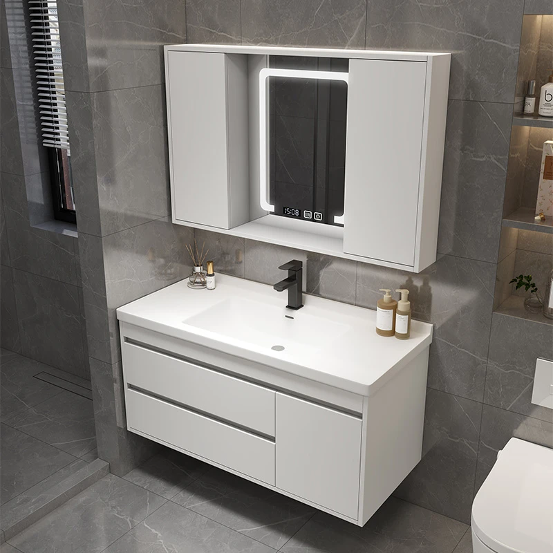 白色678910无缝陶瓷一体台盆隐藏推拉智能镜陶瓷一体盆组合