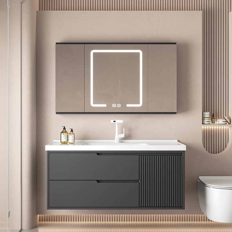 橡胶木现代智能灰色陶瓷一体盆卫生间洗手脸盆风水镜浴室柜组合