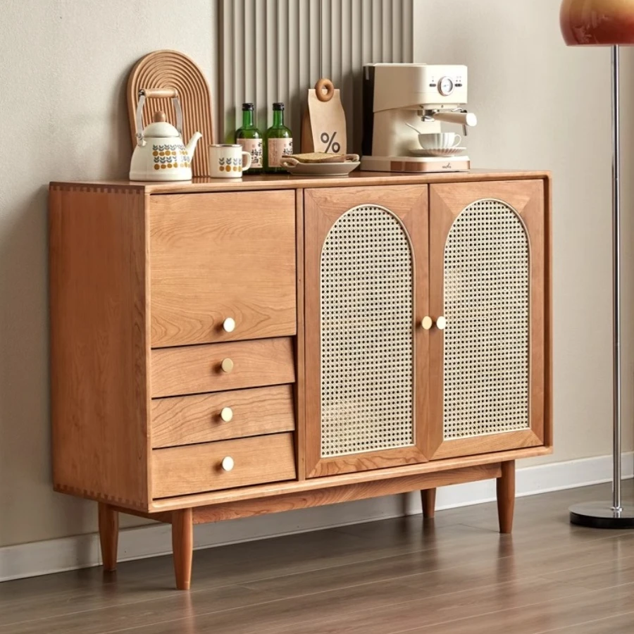 北美樱桃木藤编餐边靠墙一体柜门厅储物餐边柜大容量玄关置物柜