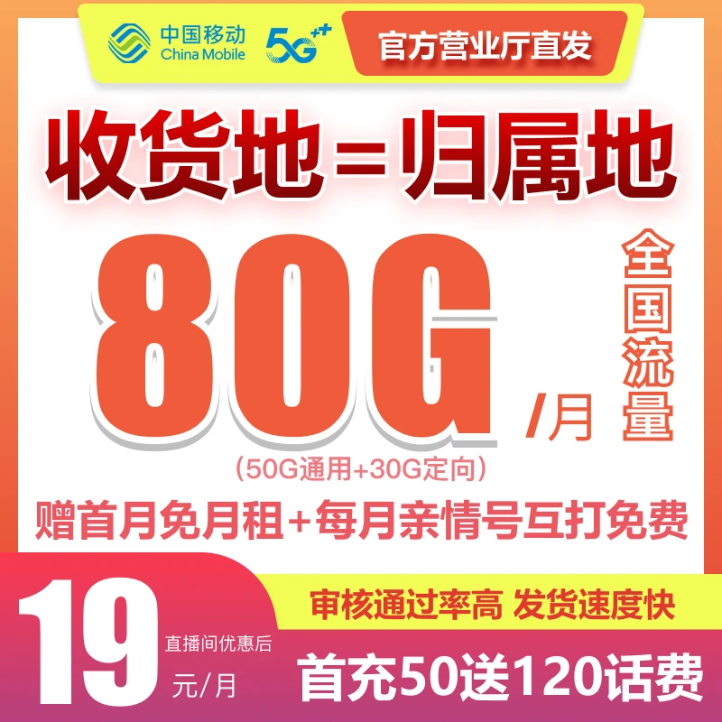 中国移动80G流量卡电话卡手机卡全国通用不限速5G号卡长期不限速