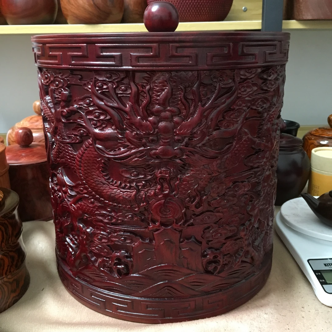 小叶紫檀精雕细琢超大号五龙图茶叶罐收纳储物罐规格31×25cm