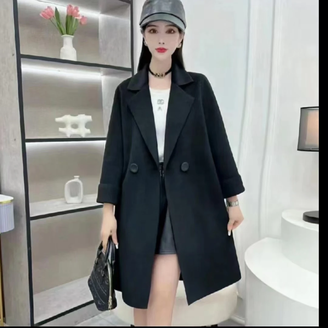 时尚新款女装韩版休闲双面呢外套中长款毛呢大衣纯色女士束腰上衣