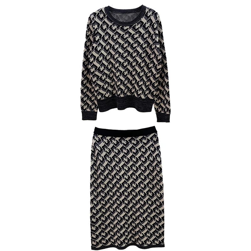 【蓝调时光】2024秋冬轻奢复古圆领设计师提花长袖套装针织女休闲装