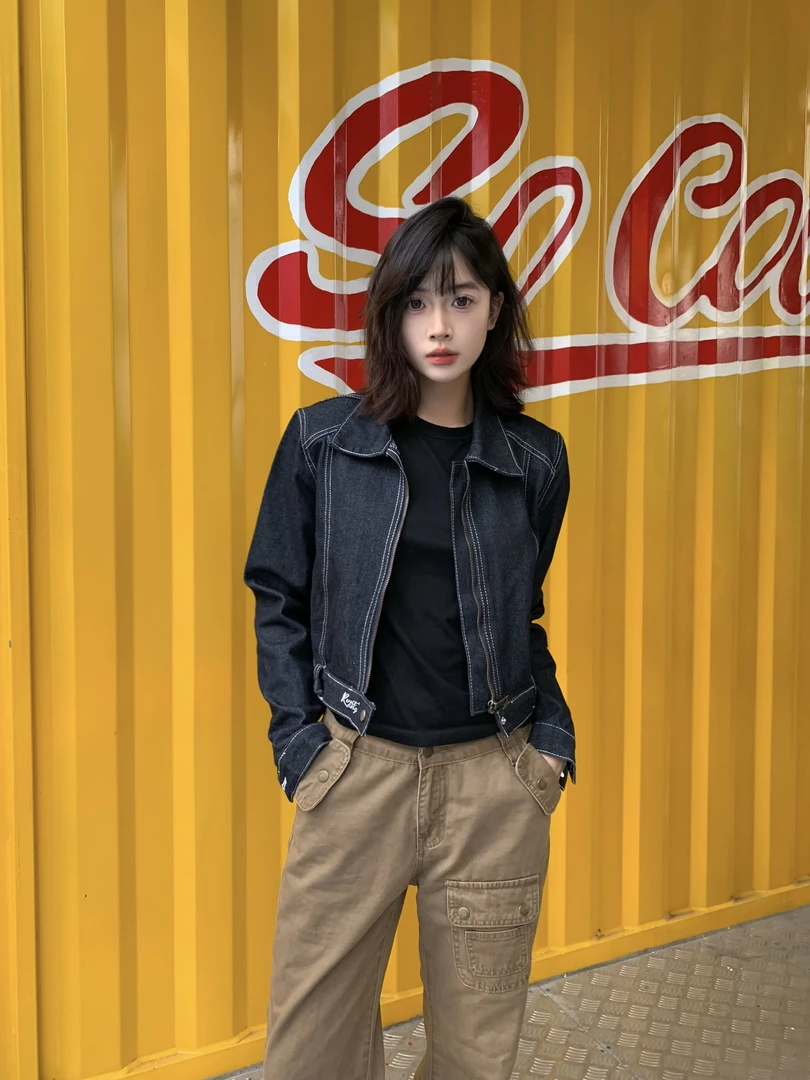 Leyue美式复古水洗短款宽松垫肩牛仔夹克外套女小众修身上衣外套