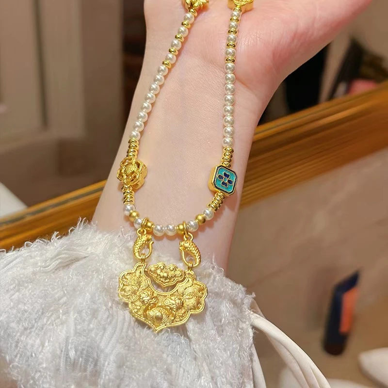 合金项链 爆款合金新中式古法锦鲤多宝平安如意锁项链时尚