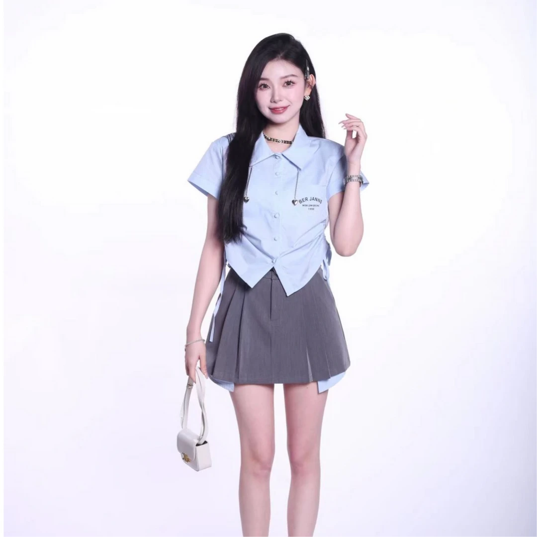 【C位女高】夏季小众领口爱心设计甜美掐腰显瘦女套装