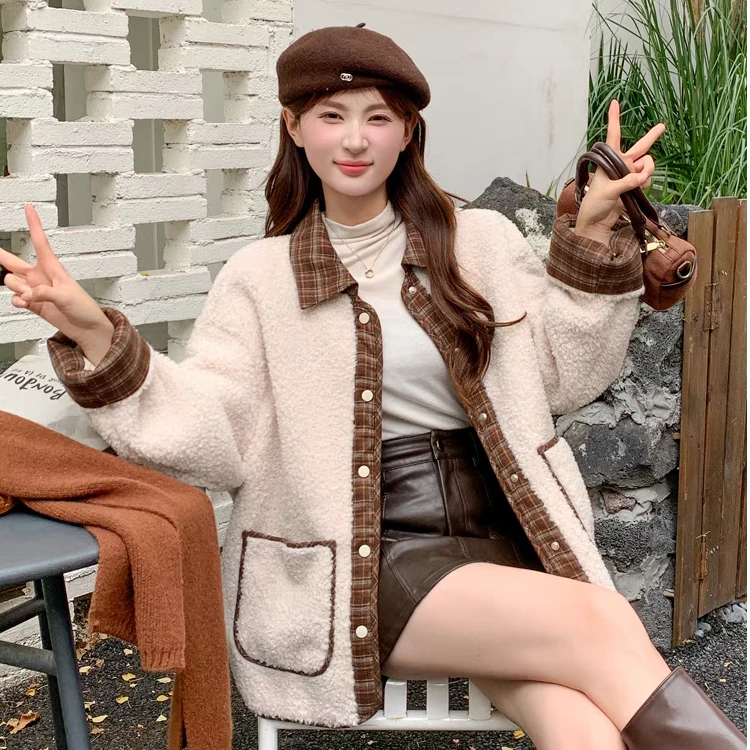 韩系格子拼接减龄显瘦外套女2024秋冬加厚韩版洋气短款上衣