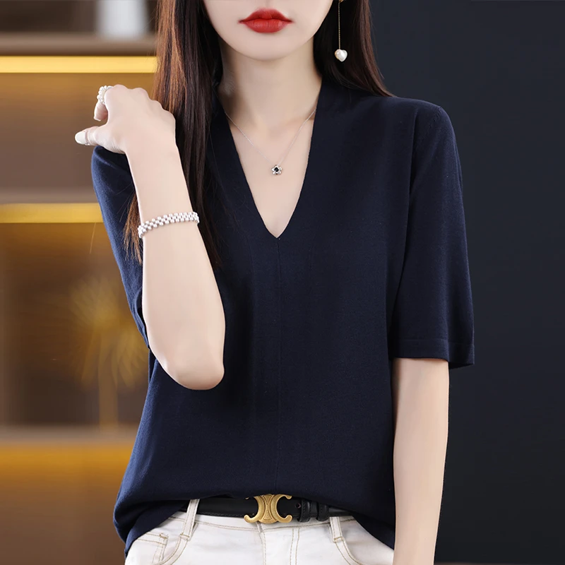 夏季新款V领短袖针织天蚕丝女宽松打底衫薄款休闲白底T恤时尚洋气