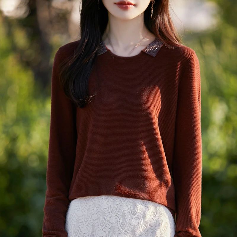 精纺圆领带钻针织衫打底长袖套头宽松纯色女士显瘦秋冬时尚百搭款