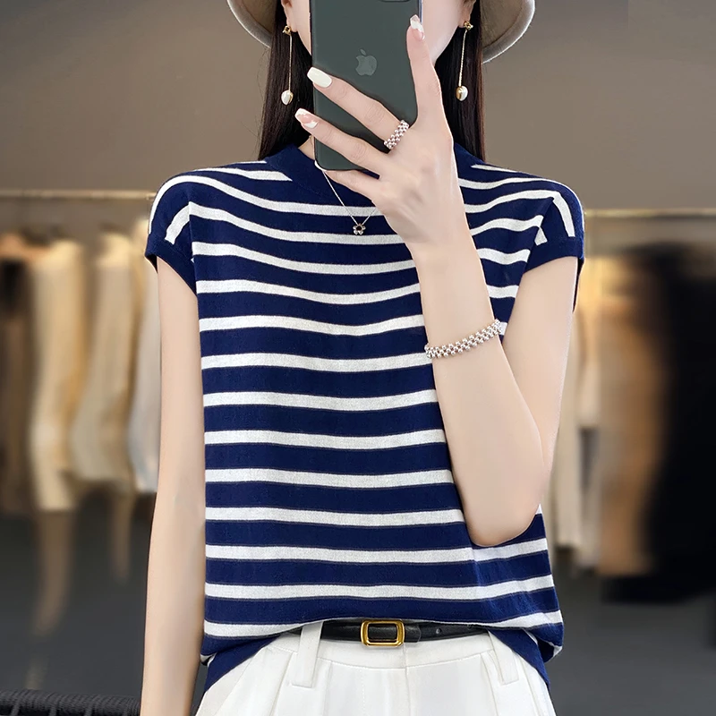夏季超薄款小半高精纺羊毛衫短袖背心包肩条纹圆领针织宽松洋气女