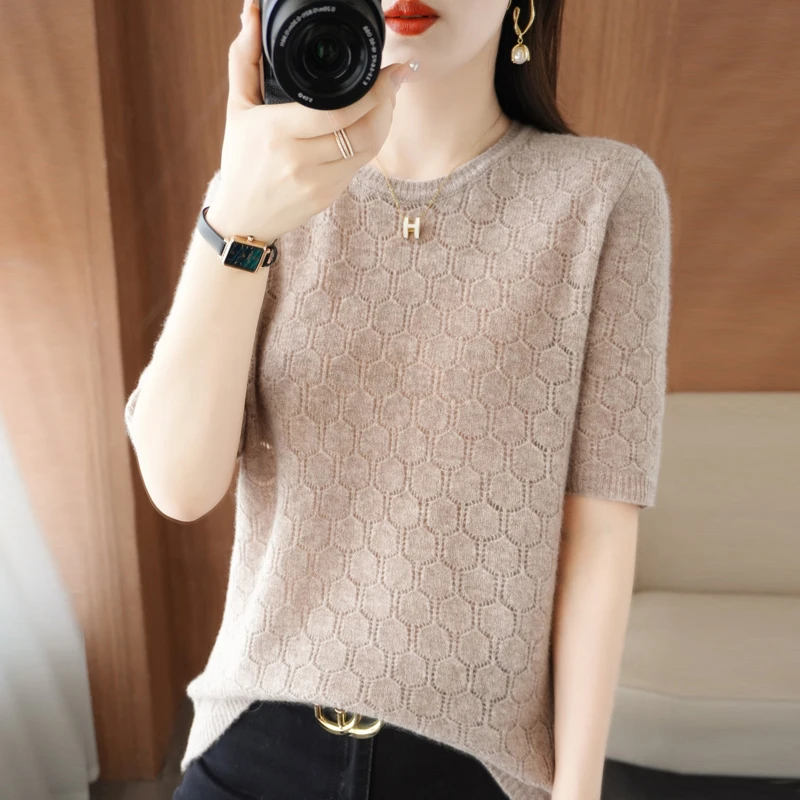 春夏款镂空六边形短袖纯羊毛衫圆领半袖针织衫2023新款爆品百搭