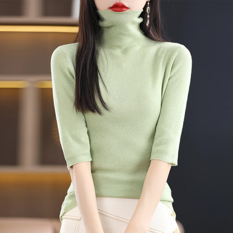 春夏季精纺羊毛打底衫五分袖高领修身针织薄款堆堆领洋气百搭中袖