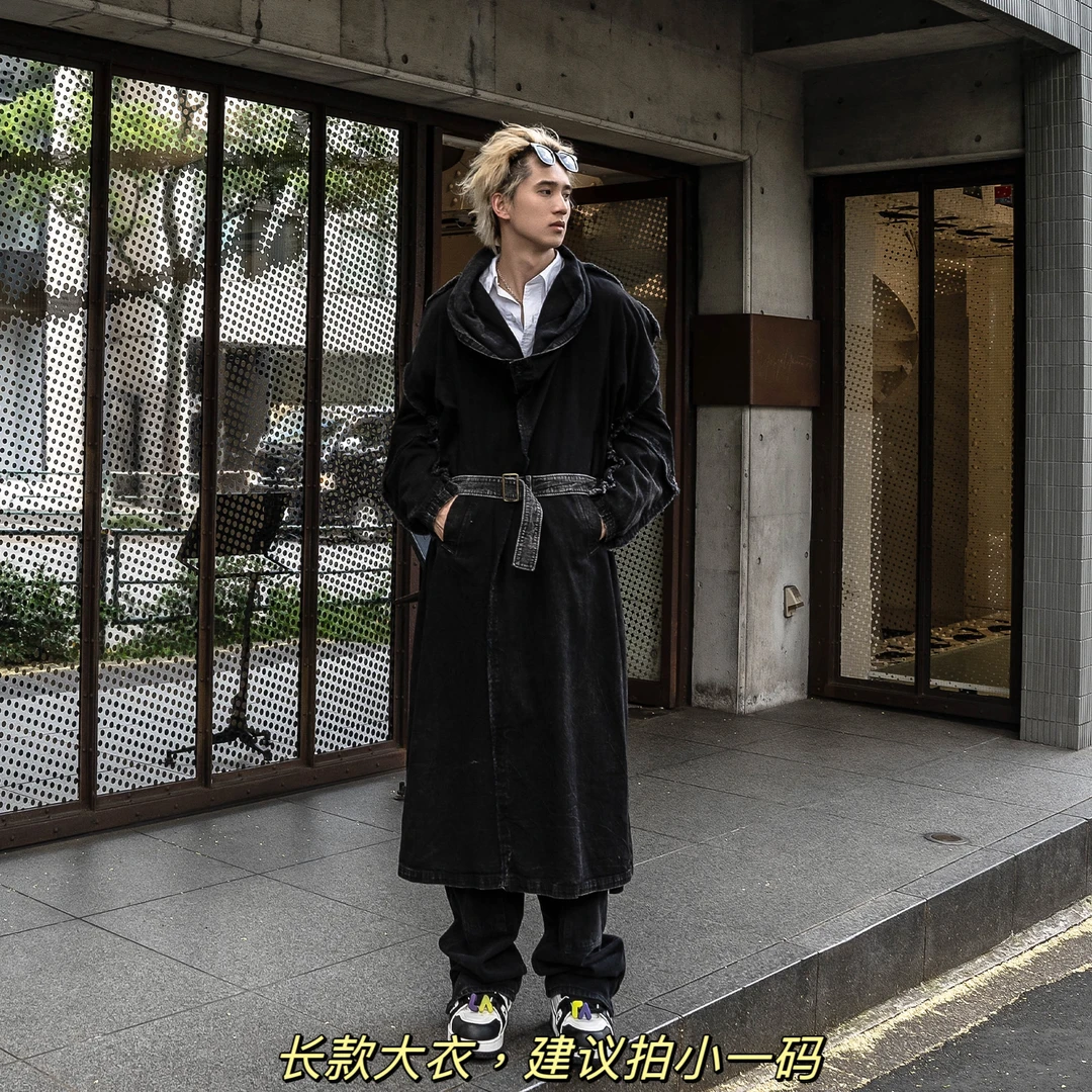 【解构风衣】美式高街水洗翻领长袍子大衣嘻哈中长款过膝外套男8025