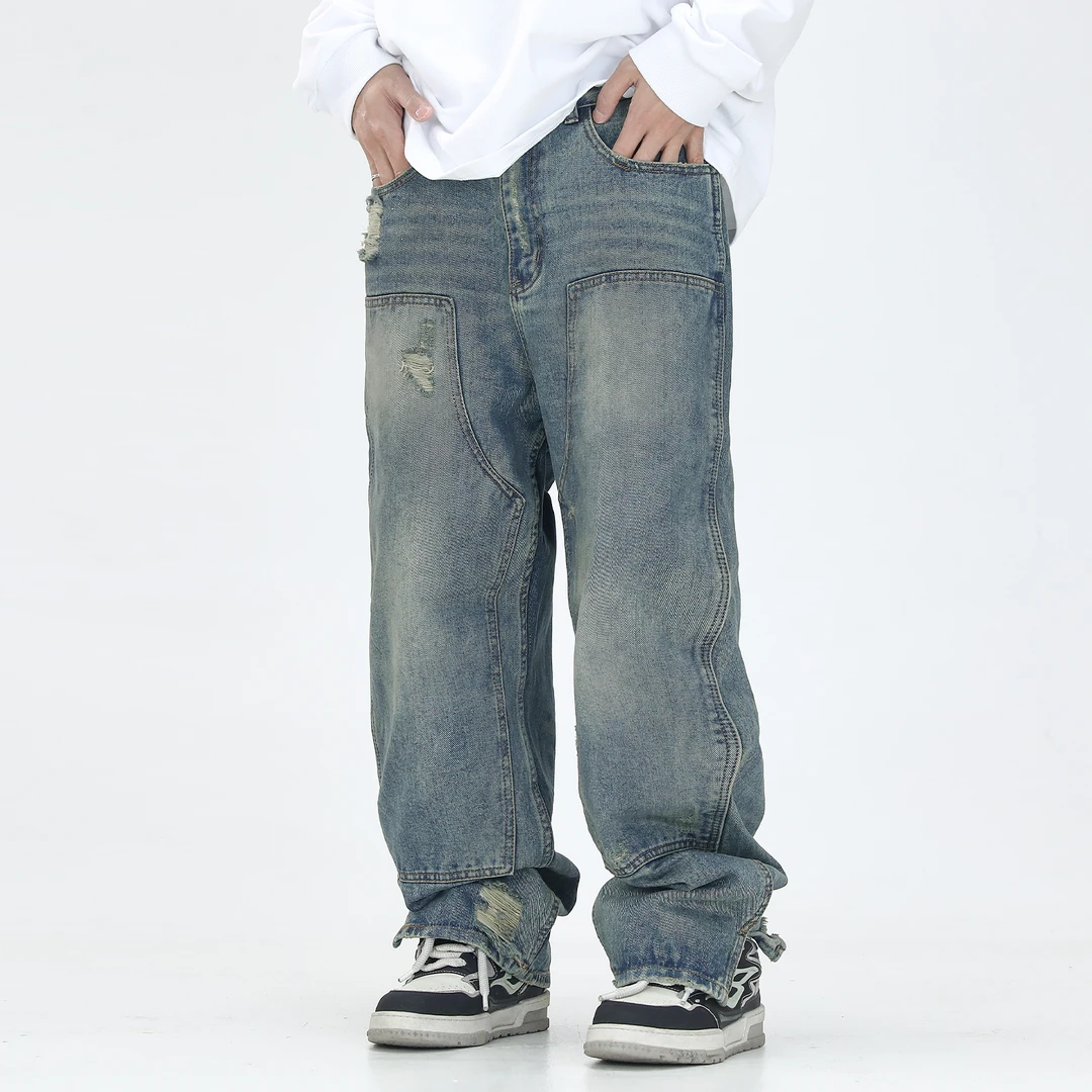 聪明陈秋冬美式复古水洗牛仔裤垂感直筒宽松百搭长裤男牛仔裤男款