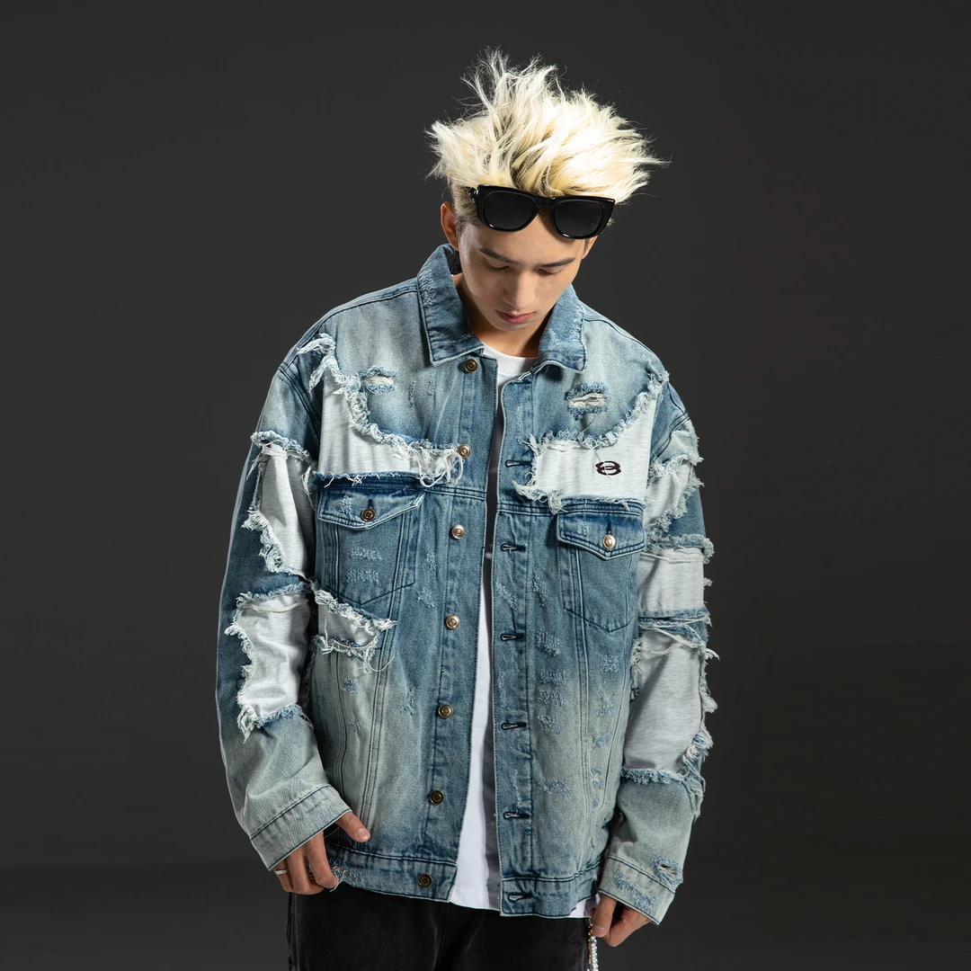 【巴黎破坏补丁】牛仔夹克重工毛边流苏破洞痞帅情侣外套休闲8014