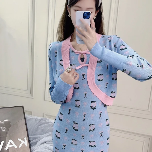 夏季新款花朵刺绣法式轻奢小众修身显瘦气质女装针织开衫连衣裙