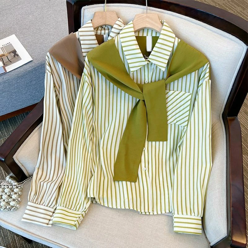 秋季潮流穿搭学院风拼接披肩假两件条纹口袋衬衫宽松洋气衬衣