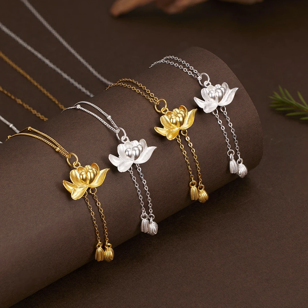 铜陶瓷项链 s925纯银两世欢好运连连流苏莲花项链莲蓬女士锁骨链
