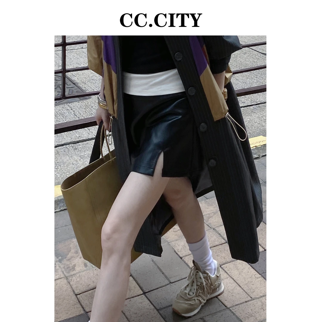 【蔡丽丽 & CC.city 】秋季新品 时尚侧开叉收腰显瘦PU裙裤LX005