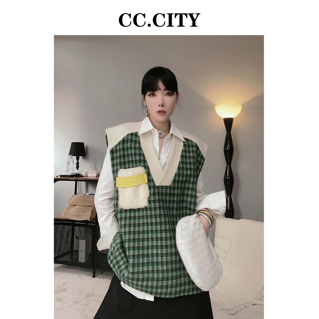 【蔡丽丽 & CC.city 】时尚撞色拼接秋冬厚料马甲72715