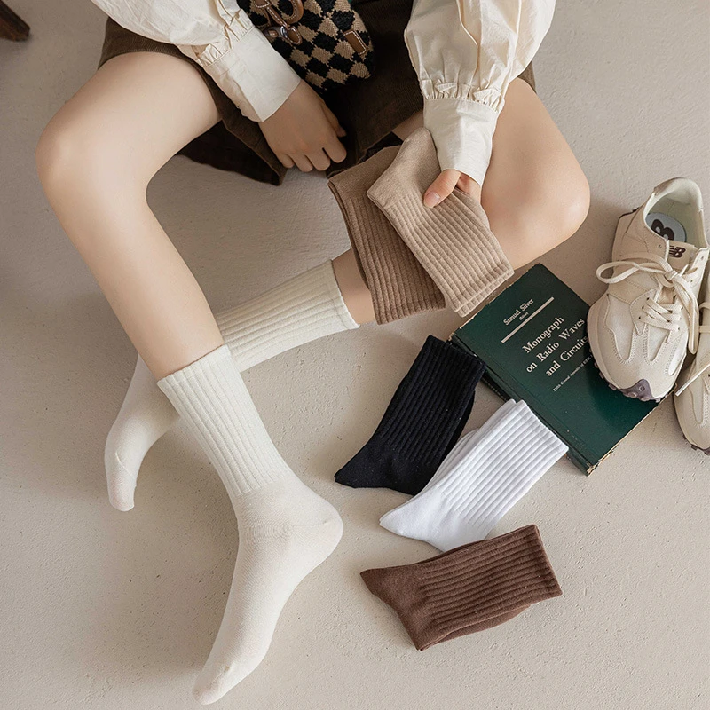 袜子女秋冬暖色纯棉加密针织柔软亲肤中筒纯色运动百搭咖色运动袜