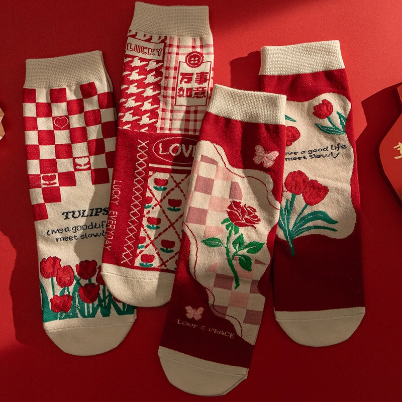 秋冬纯棉女袜郁金香气质复古风女士中筒袜万事如意龙年新年红袜子