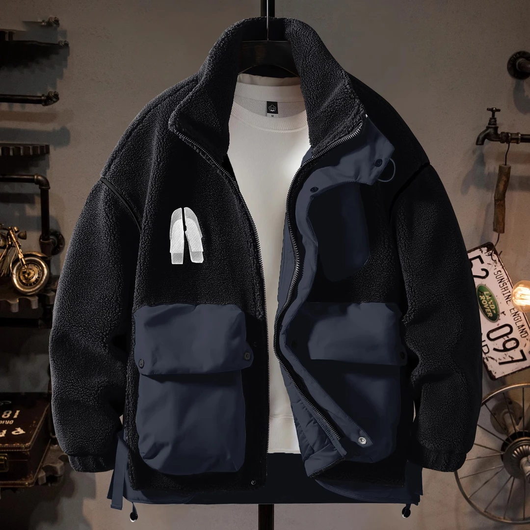 MR.MUDI/穆迪先生宽松时尚颗粒绒羽绒服男冬加厚立领拼接口袋外套