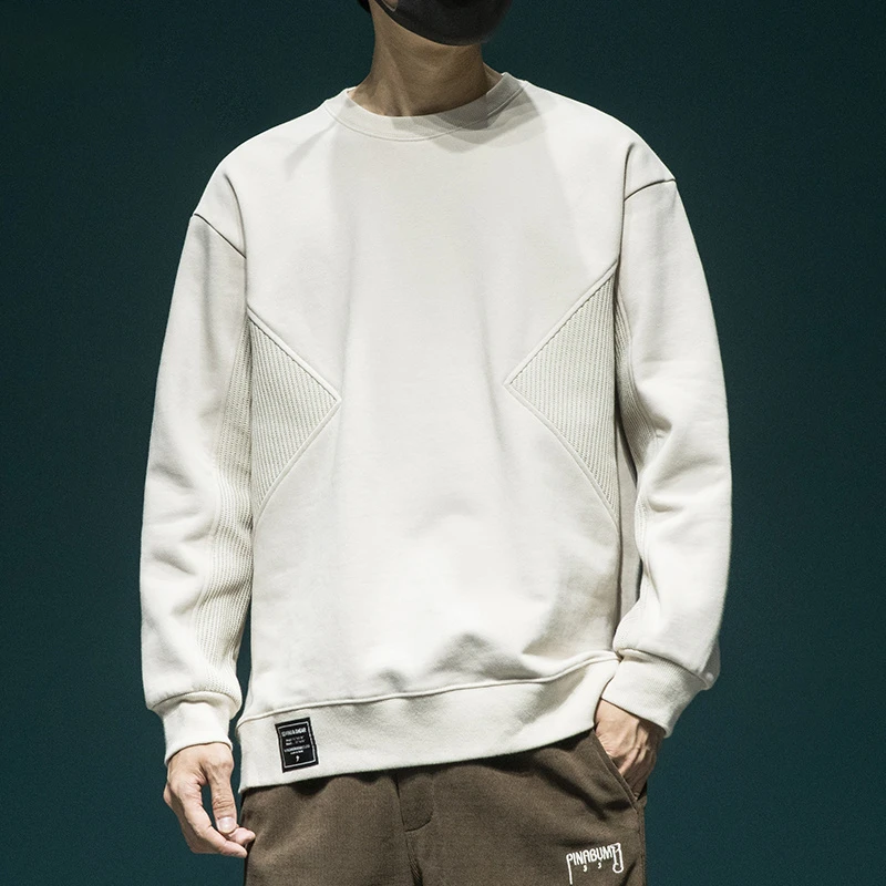 MR.MUDI/穆迪先生提花拼接卫衣男宽松大码重磅简约圆领休闲上衣