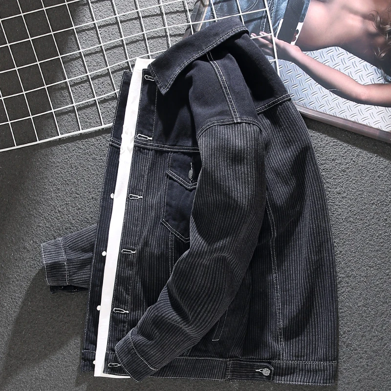 MR.MUDI/穆迪先生条纹拼接黑色牛仔夹克男春秋新品宽松大码外套