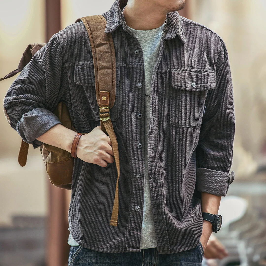 MR.MUDI/穆迪先生咖啡色灯芯绒夹克外套男士秋季工装上衣衫衬男