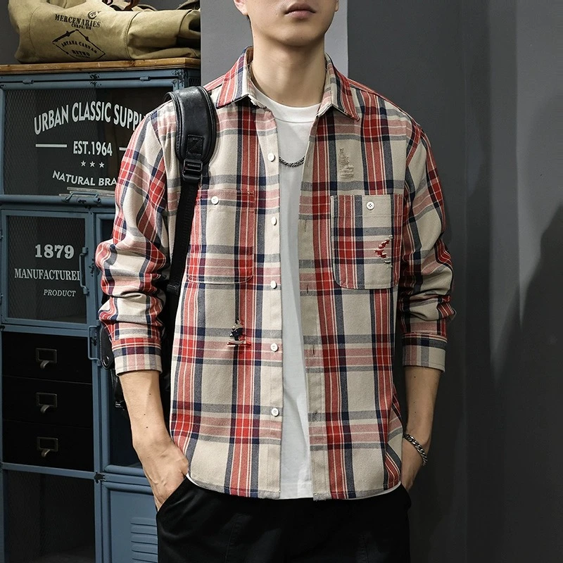 MR.MUDI/穆迪先生2025秋季高街破洞格子男衬衫宽松上衣长袖衬衣