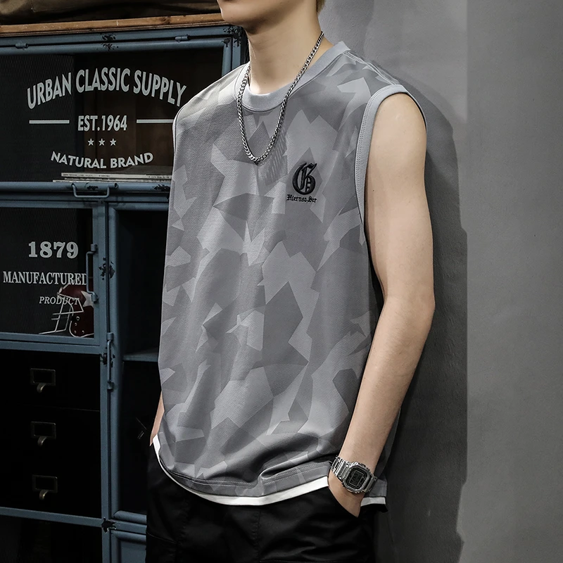 MR.MUDI/穆迪先生夏季凉感冰丝背心男潮流迷彩假两件运动宽松无袖