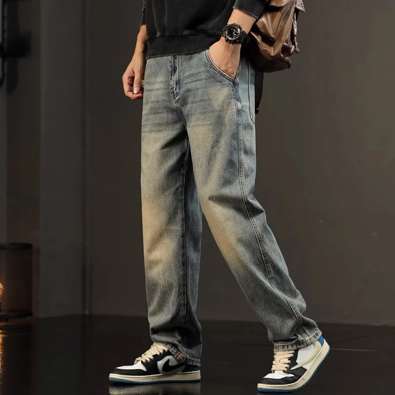 MR.MUDI/穆迪先生复古怀旧色牛仔裤男秋季垂感阔腿裤高街直筒裤