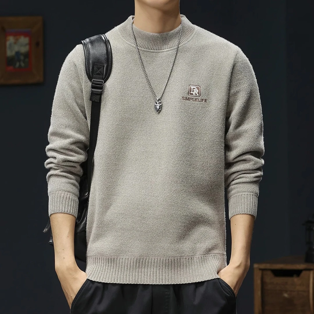 MR.MUDI/穆迪先生高端刺绣半高领加绒毛衣男士秋冬时尚保暖打底衫