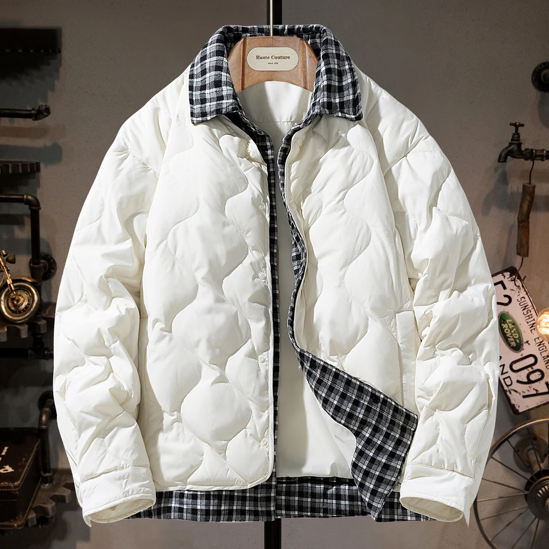 MR.MUDI/穆迪先生拼接羽绒服男冬季轻薄白鸭绒保暖外套格子假两件