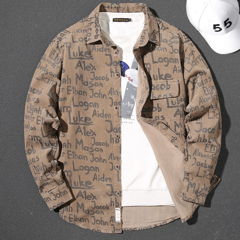 MR.MUDI/穆迪先生春夏新款衬衣男宽松字母印方领长袖衬衫休闲外套