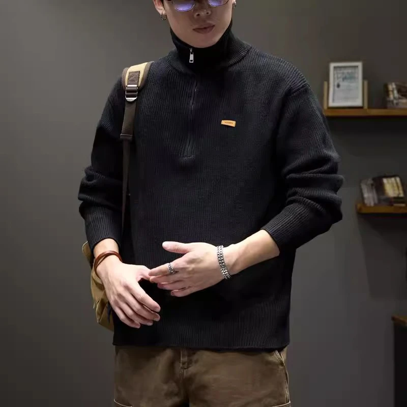 MR.MUDI/穆迪先生美式复古半拉链立领针织衫毛衣男秋冬宽松半高领