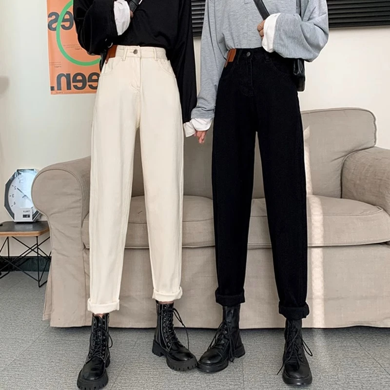 大码高腰牛仔裤女秋冬加绒胖妹妹mm显瘦直筒萝卜裤梨形身材哈伦裤