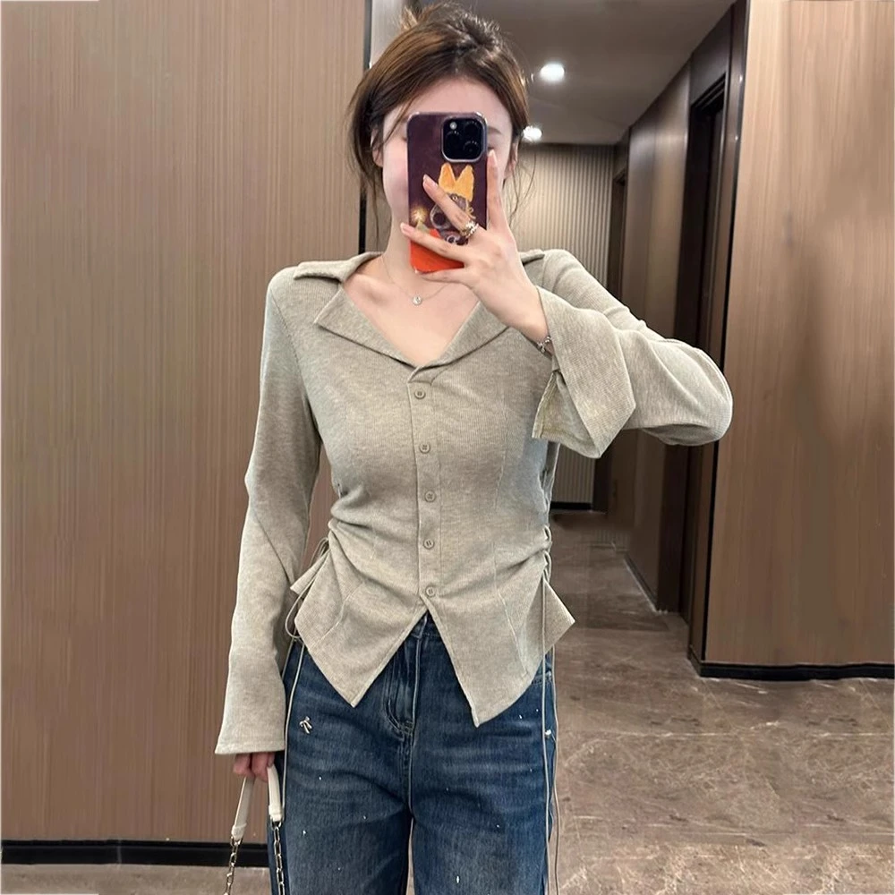 大码设计感翻领坑条长袖针织衫女早秋新款胖mm遮肚收腰显瘦小上衣