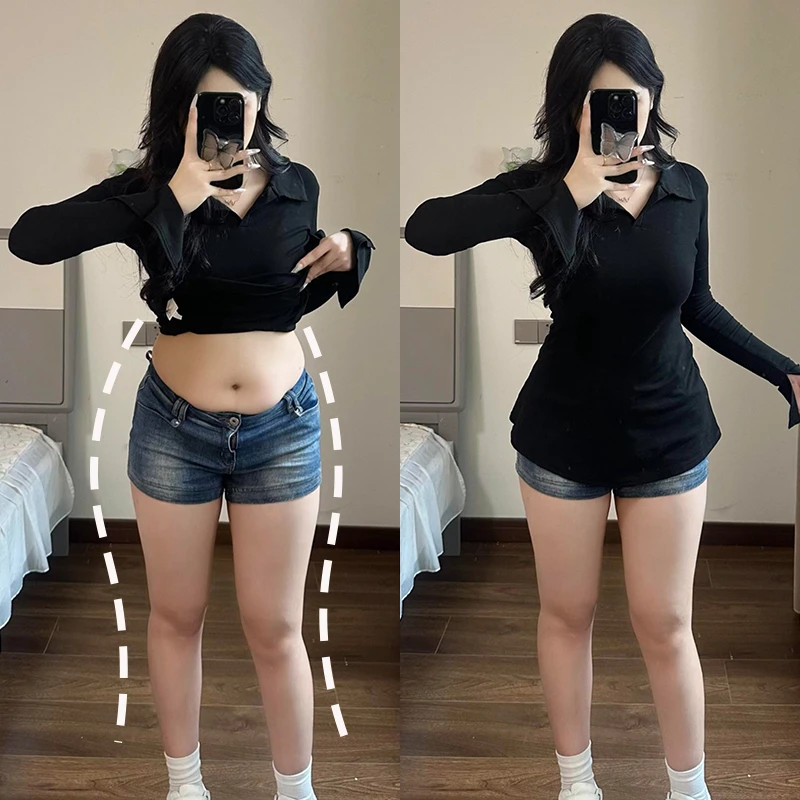 大码胖mm设计感正肩喇叭长袖开叉翻领长袖T恤polo领修身显瘦上衣