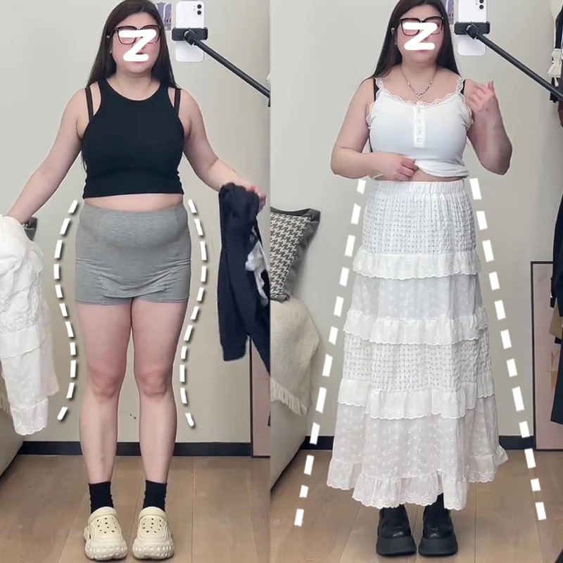 白色蕾丝蛋糕裙女秋冬梨形身材半身裙大码胖mm遮肚藏肉高腰a字裙