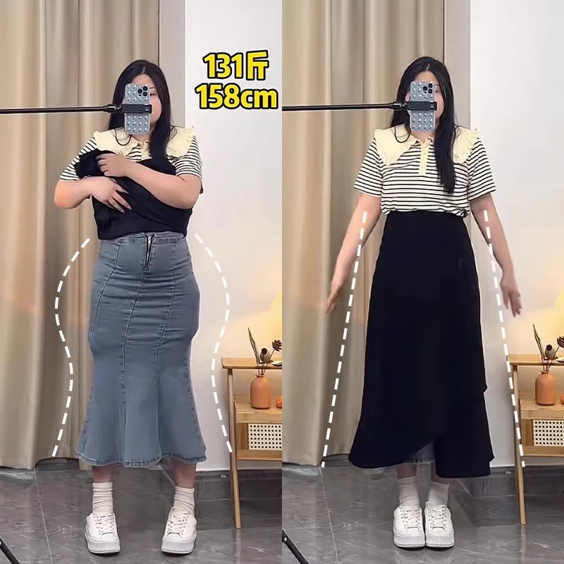 大码黑色半身裙女秋冬不规则梨形身材遮胯a字裙胖mm显瘦中长裙子