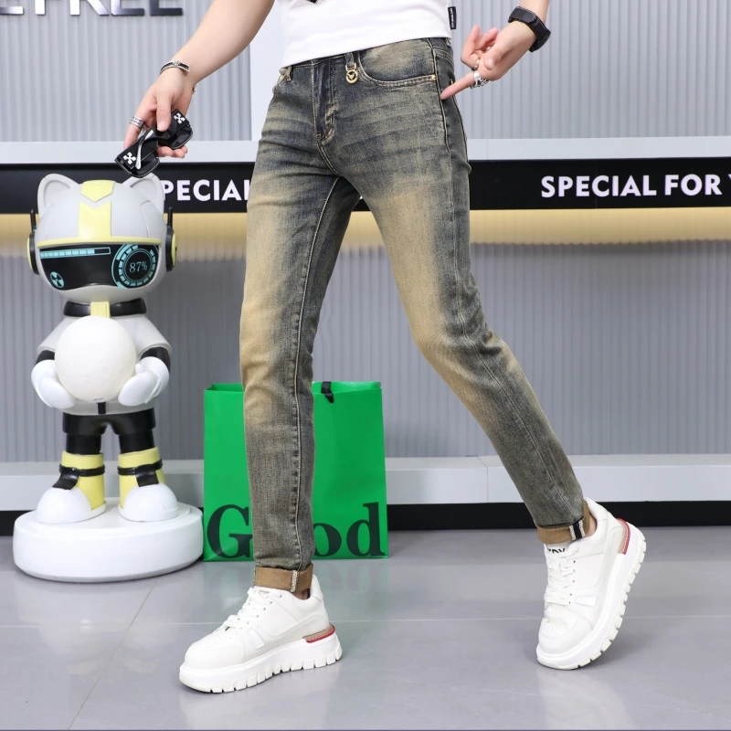 春夏季百搭复古色男士潮流牛仔裤时尚修身小脚男牛仔裤子夏季薄款