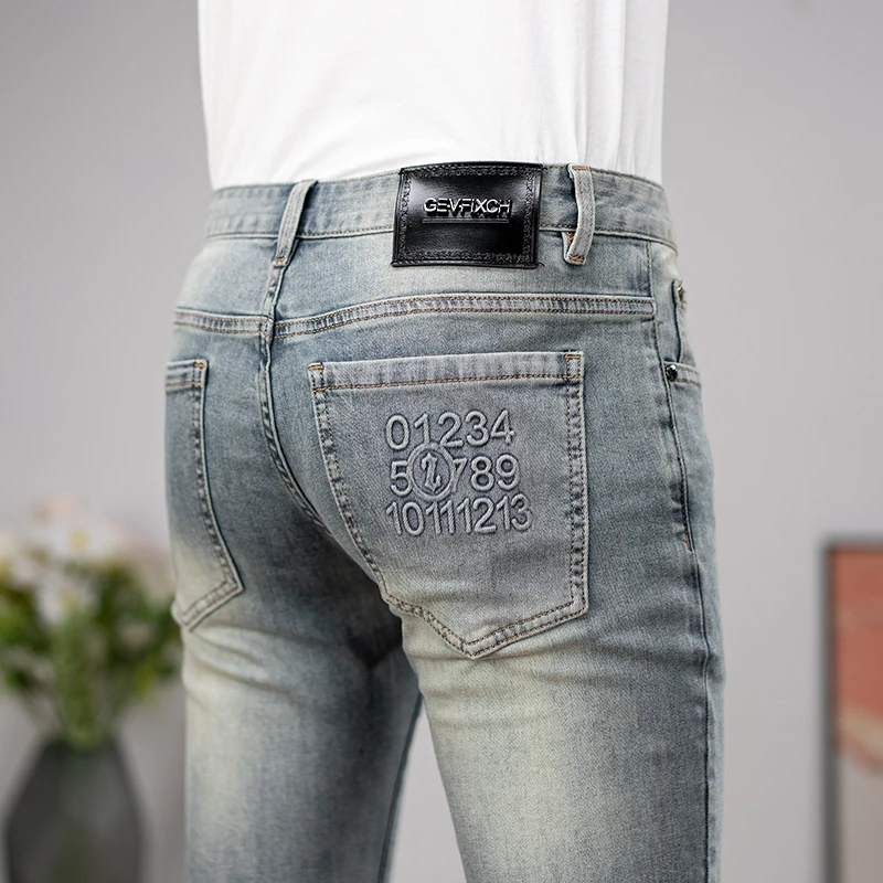 九分裤潮流牛仔裤男士修身小脚男款时尚百搭弹力水洗男牛仔裤浅色