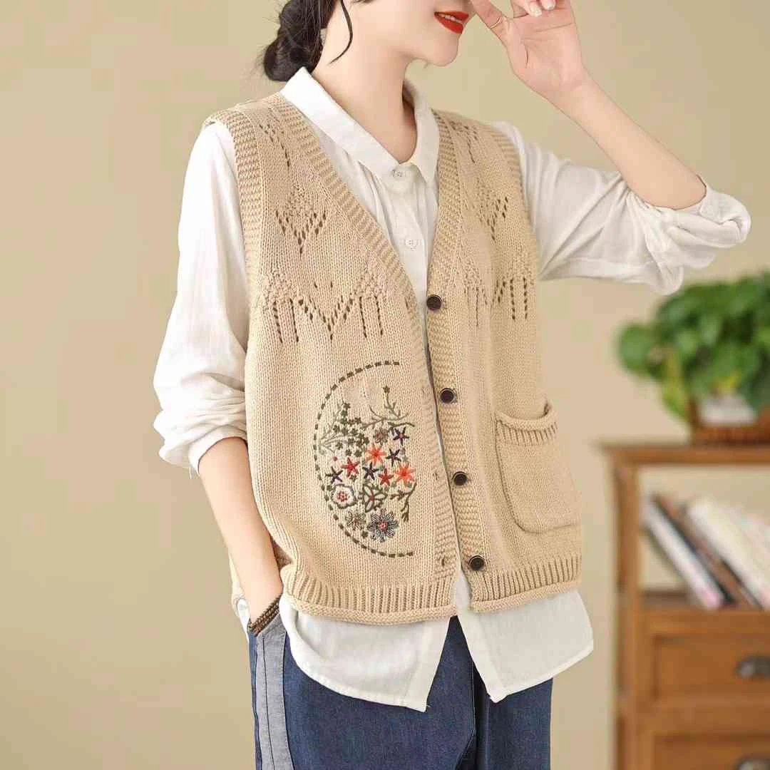 开衫针织马夹新品复古刺绣背心棉线马甲v领新款坎肩长袖刺绣外套