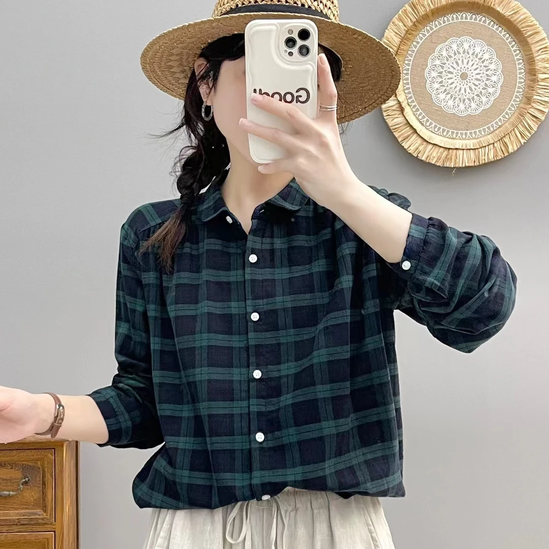纯棉复古格子衬衫女长袖休闲衬衣宽松秋季双层棉纱中老年洋气上衣