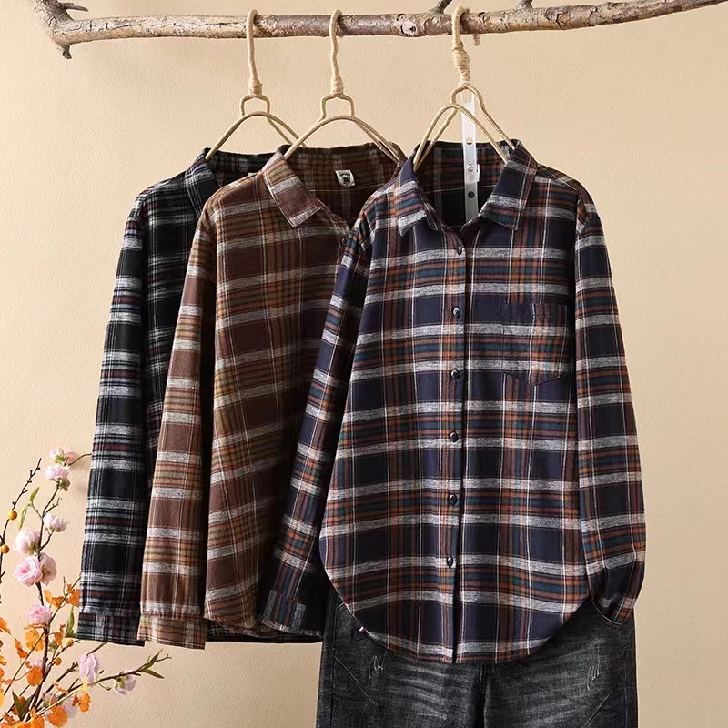 2024新款色织格子衬衫女士秋冬磨毛长袖衬衣百搭洋气中老年上衣