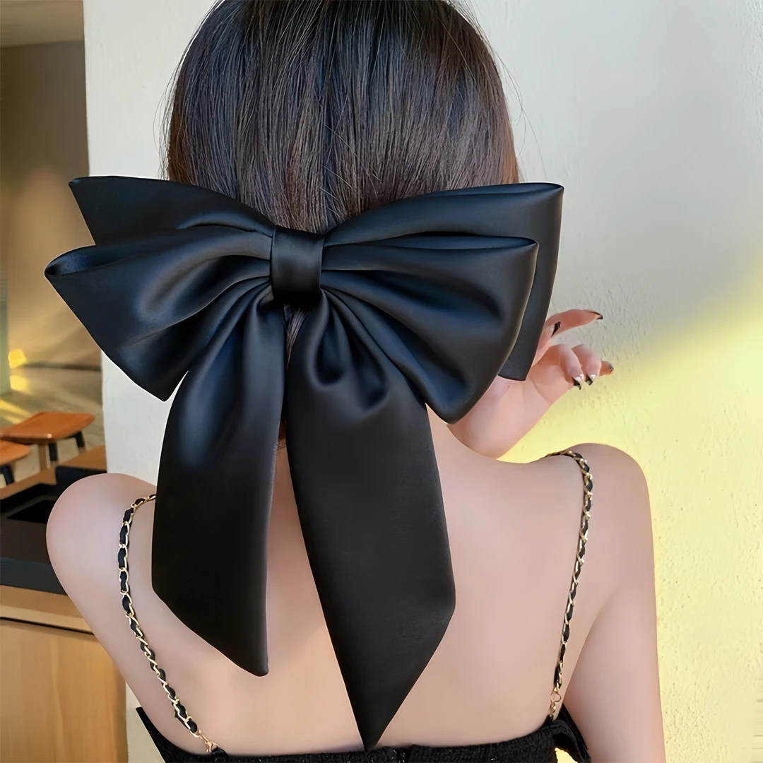 时光恋人~大蝴蝶结头饰立体感缎面弹簧夹黑色后脑勺发夹发高级感